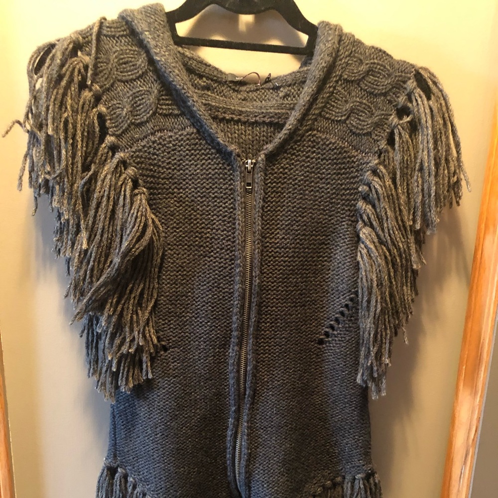 Olive Hooded Fringe Sweater  Vest